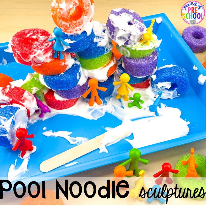 Pool noodle sculptures with shaving cream and counters (fun sensory activity)! Plus 15 more pool noodle activities that TEACH literacy, math, science, STEM, art, fine motor, and more for preschool, pre-k, and kindergarten.