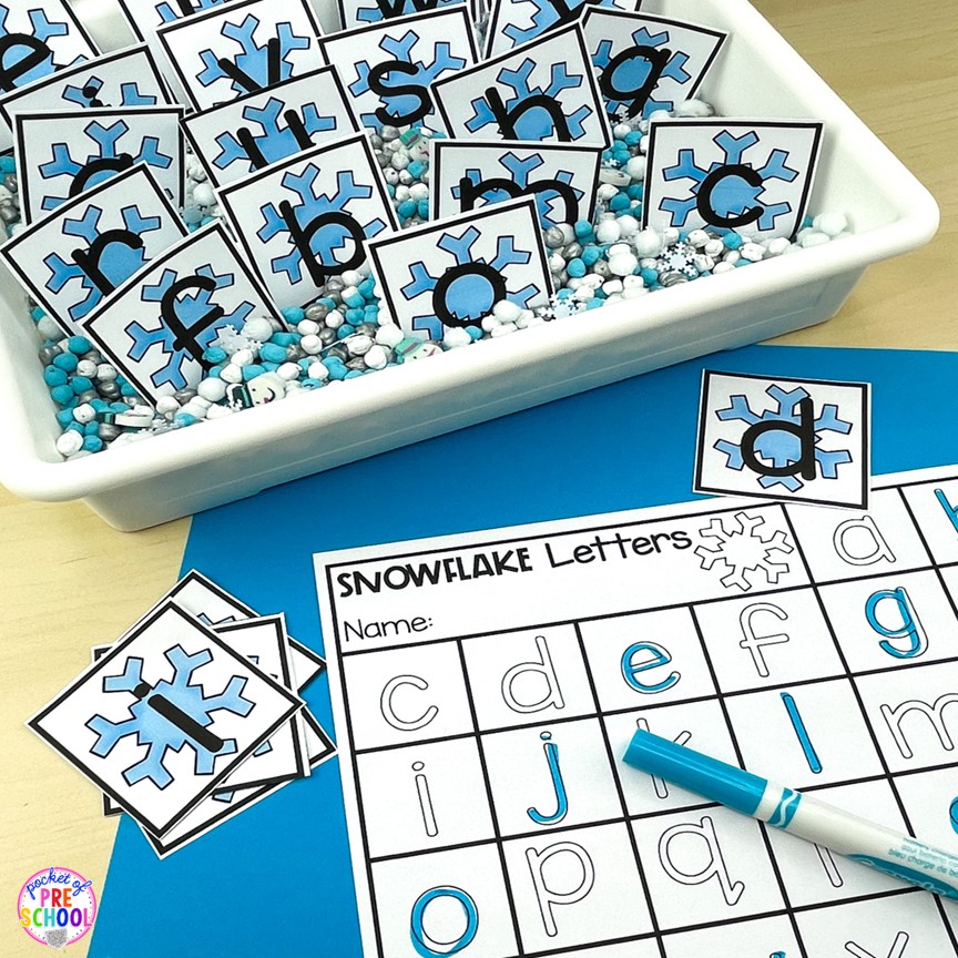 Winter alphabet activities using letter cards for preschool, pre-k, and kindergarten students.