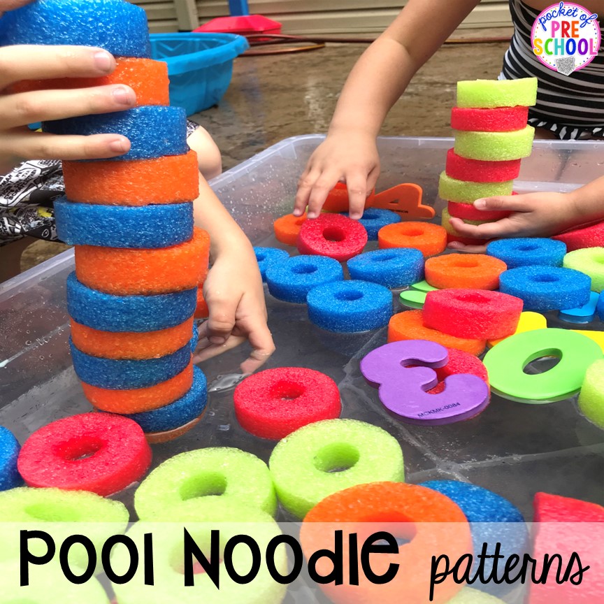 Pool noodle pattern activity in the sensory table! Plus 15 more pool noodle activities that TEACH literacy, math, science, STEM, art, fine motor, and more for preschool, pre-k, and kindergarten.