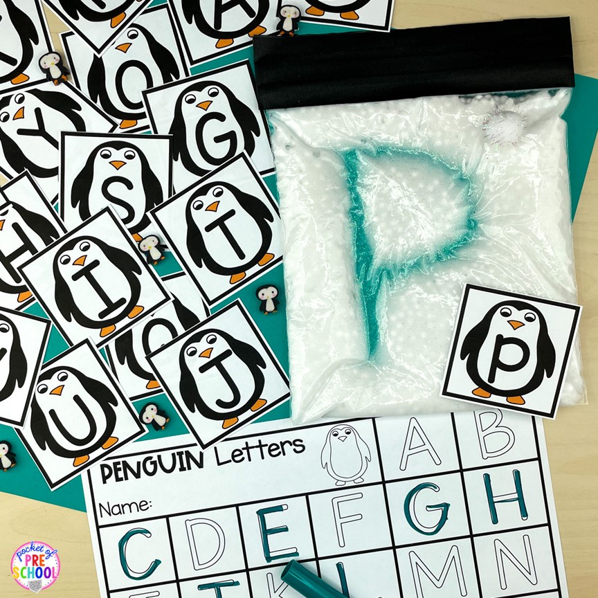 Winter penguin sensory letter writing bag! A fun letter activity to learn letters and letter formation for preschool, pre-k, or kindergarten students.