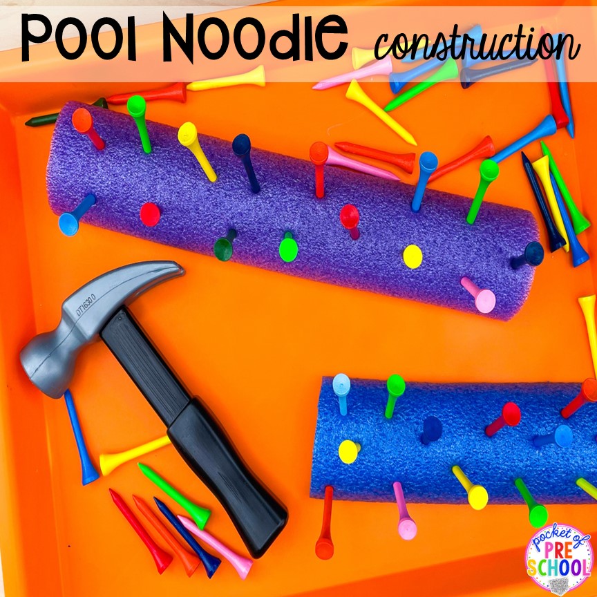 Pool noodle construction with golf tees and pool noodles! Plus 15 more pool noodle activities that TEACH literacy, math, science, STEM, art, fine motor, and more for preschool, pre-k, and kindergarten.