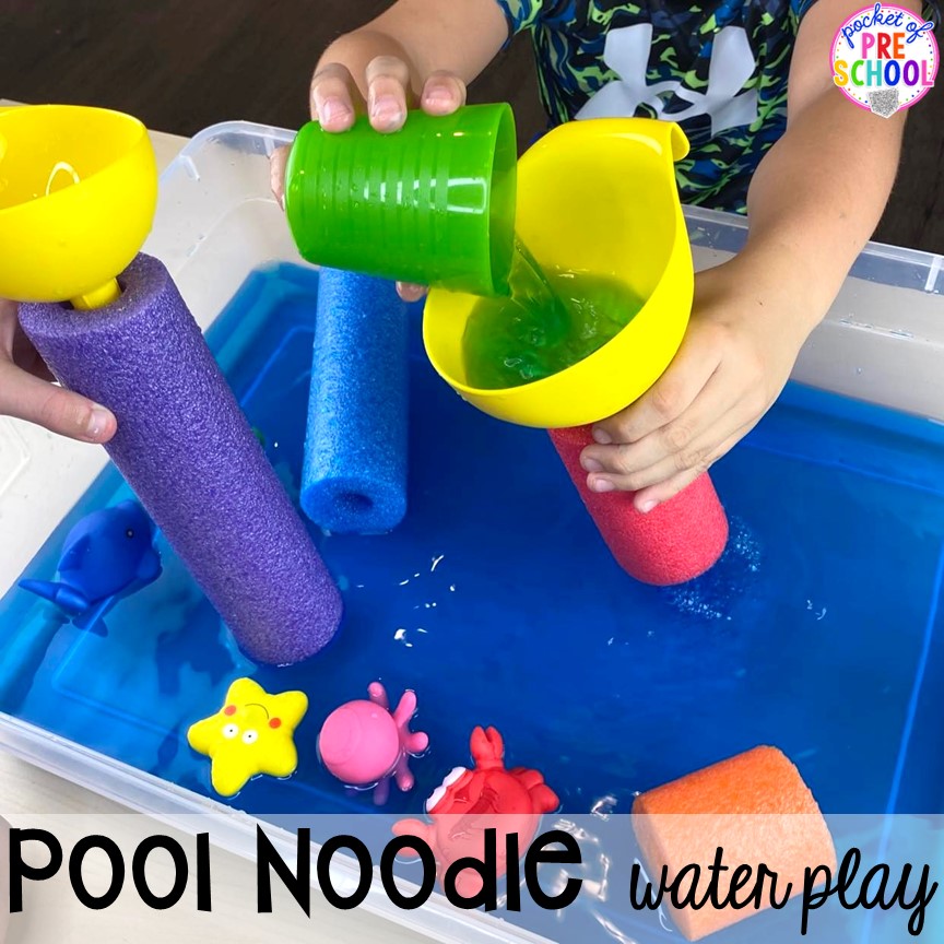 Pool noodle water play in the sensory table with funnels! Plus 15 more pool noodle activities that TEACH literacy, math, science, STEM, art, fine motor, and more for preschool, pre-k, and kindergarten.