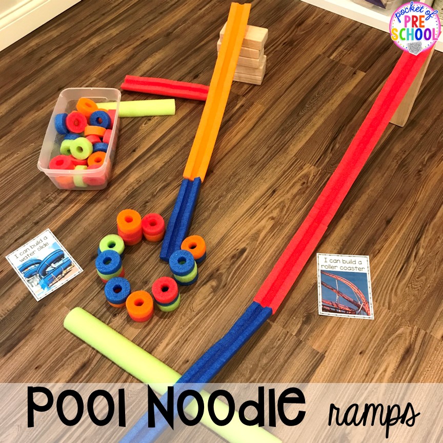 Ramp and roller coaster STEM activity with pool noodles! Plus 15 more pool noodle activities that TEACH literacy, math, science, STEM, art, fine motor, and more for preschool, pre-k, and kindergarten.