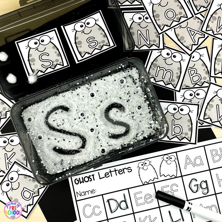 Halloween Letter Cards spooky sensory writing tray (a fun letter and handwriting activity) for preschool, pre-k, or kindergarten students.