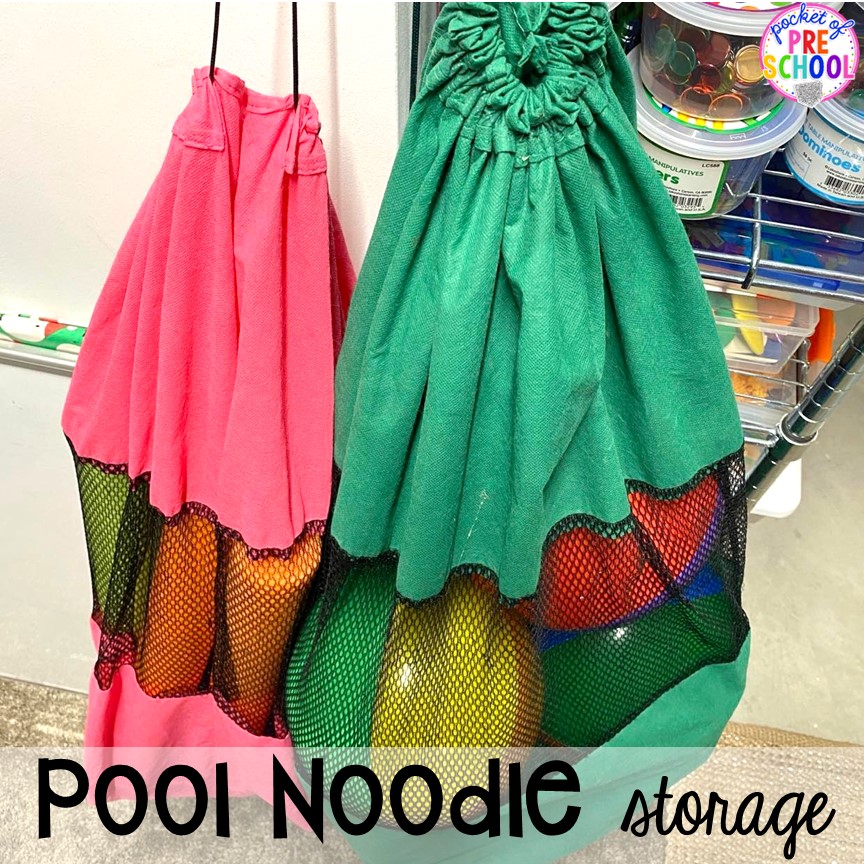 Pool noodle storage: hack! Plus 15 more pool noodle activities that TEACH literacy, math, science, STEM, art, fine motor, and more for preschool, pre-k, and kindergarten.