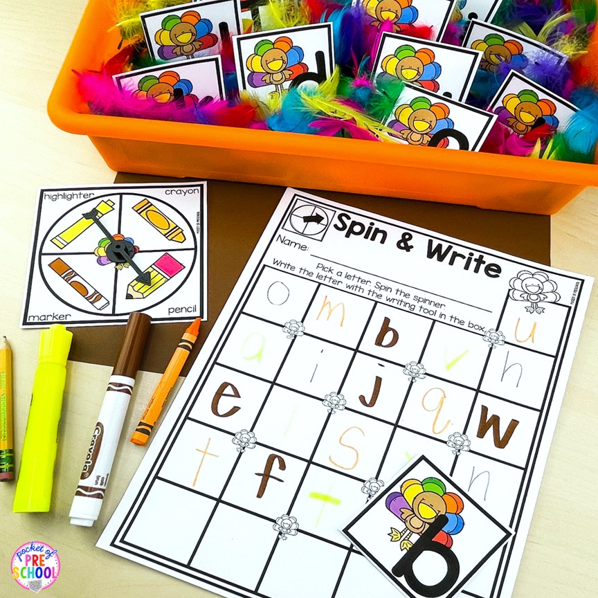 Thanksgiving Turkey Letter Cards spin and write (a fun letter and handwriting activity) for preschool, pre-k, or kindergarten students.
