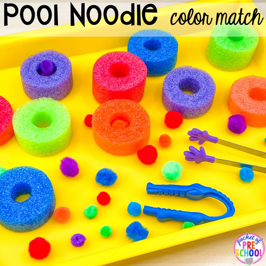 Pool noodle color match (fun fine motor activity)! Plus 15 more pool noodle activities that TEACH literacy, math, science, STEM, art, fine motor, and more for preschool, pre-k, and kindergarten.