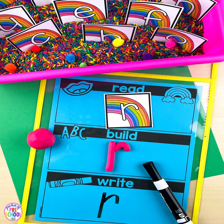 Rainbow read, build, write with rainbow rice sensory table! A fun letter activity to learn letters and letter formation for preschool, pre-k, or kindergarten students.