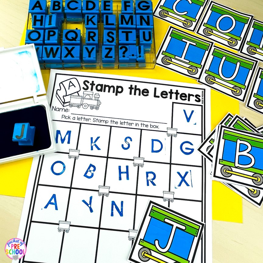 Train letter stamp activity! A fun letter activity to learn letters and letter formation for preschool, pre-k, or kindergarten students. 