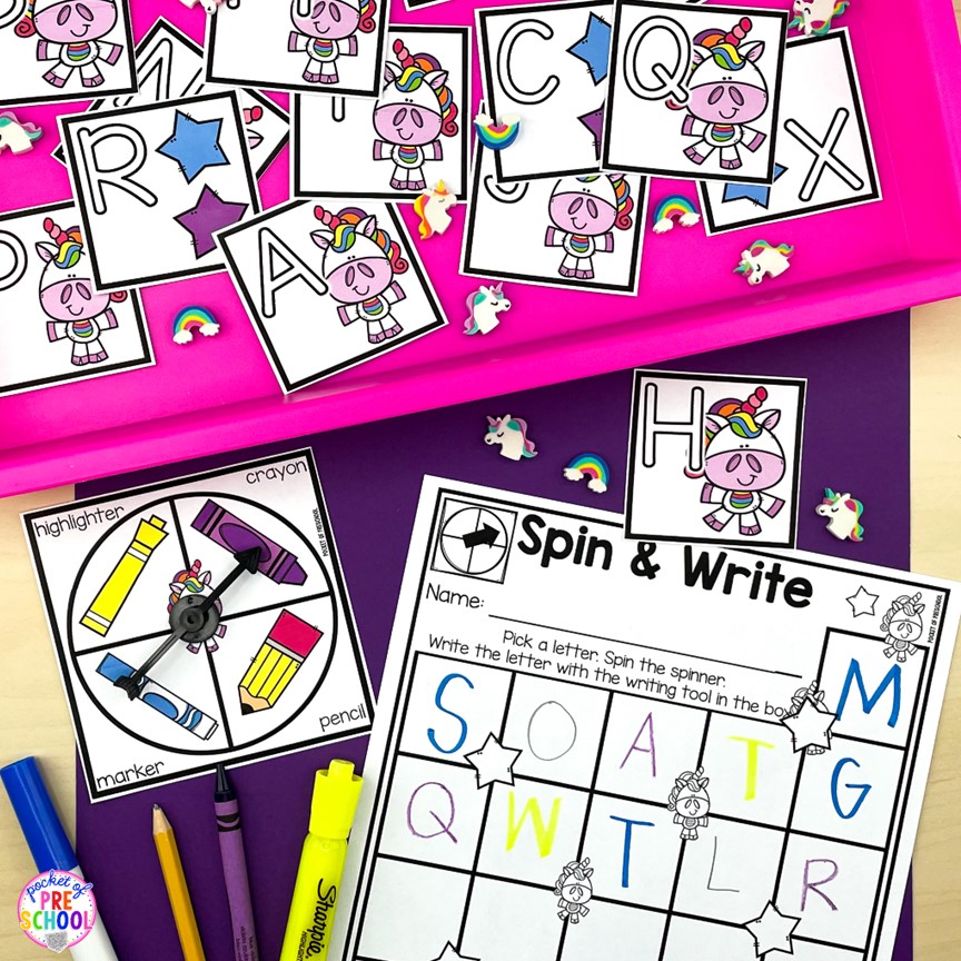 Unicorn letter spin and write! A fun letter activity to learn letters and letter formation for preschool, pre-k, or kindergarten students.