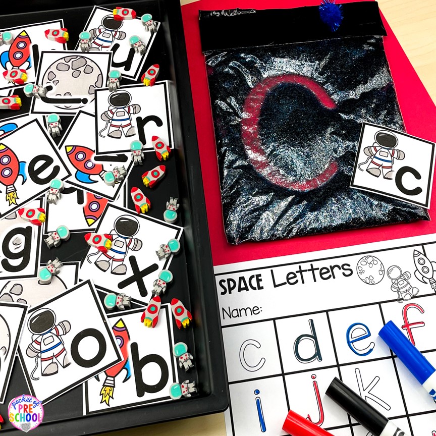 Space letter sensory writing! A fun letter activity to learn letters and letter formation for preschool, pre-k, or kindergarten students.