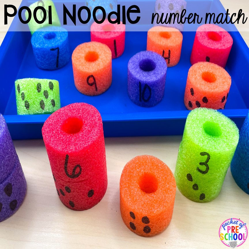 Pool noodle counting activity to practice one-to-one correspondence! Plus 15 more pool noodle activities that TEACH literacy, math, science, STEM, art, fine motor, and more for preschool, pre-k, and kindergarten.