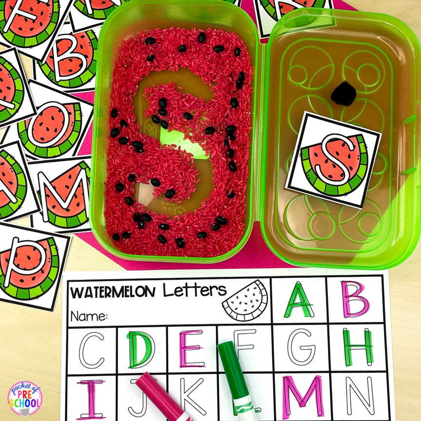 Watermelon letter writing tray! A fun letter activity to learn letters and letter formation for preschool, pre-k, or kindergarten students.