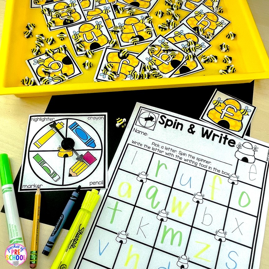 Bumblebee letter spin and write! A fun letter activity to learn letters and letter formation for preschool, pre-k, or kindergarten students. 