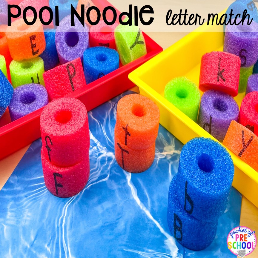 Pool noodle letter match! Plus 15 Pool Noodle activities that TEACH literacy, math, science, STEM, art, fine motor, and more for preschool, pre-k, and kindergarten.