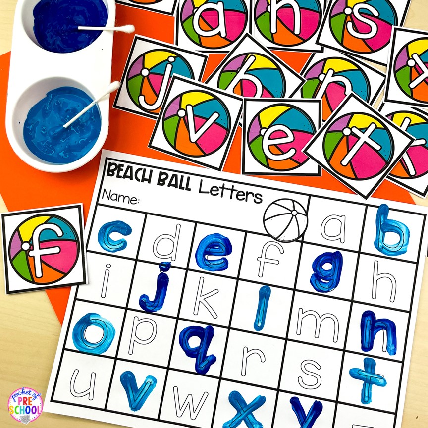 Beach ball Q-tip letter trace! A fun letter activity to learn letters and letter formation for preschool, pre-k, or kindergarten students.