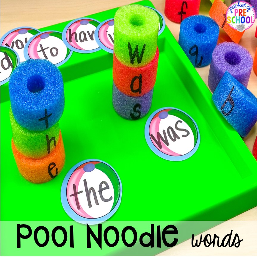 Practice sight words or names with pool noodles! 15 Pool Noodle activities that TEACH literacy, math, science, STEM, art, fine motor, and more for preschool, pre-k, and kindergarten.