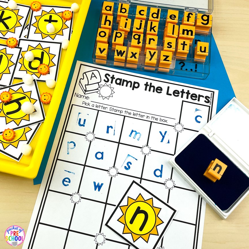 Sun stamp the letters! A fun letter activity to learn letters and letter formation for preschool, pre-k, or kindergarten students.