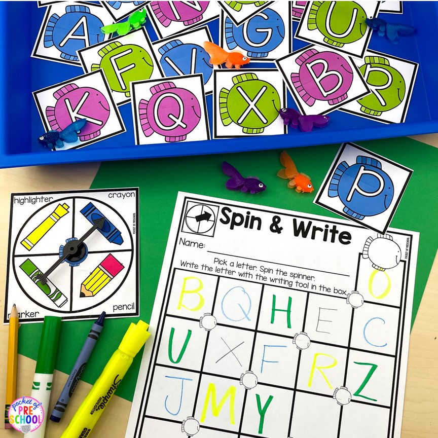 Fish spin and write! A fun letter activity to learn letters and letter formation for preschool, pre-k, or kindergarten students.