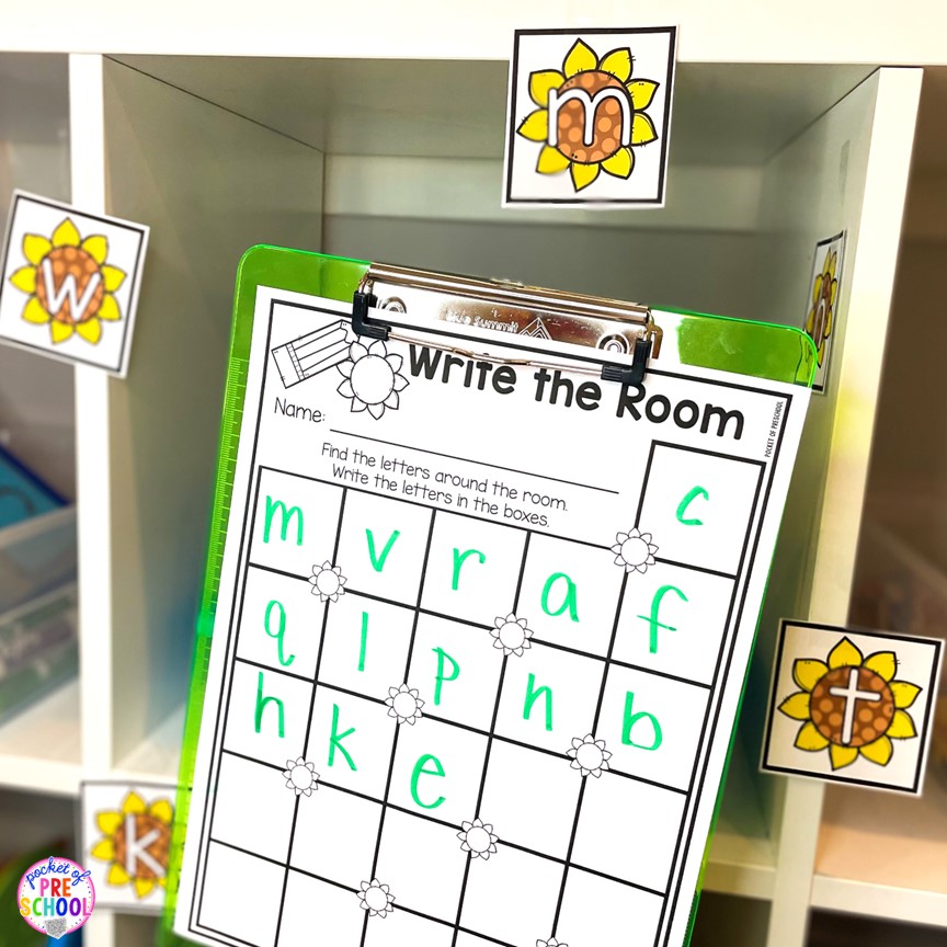 Sunflower letter write the room! A fun letter activity to learn letters and letter formation for preschool, pre-k, or kindergarten students.