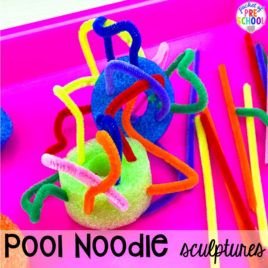 Pool noodle sculpture art with pipe cleaners (3D art)! Plus 15 more pool noodle activities that TEACH literacy, math, science, STEM, art, fine motor, and more for preschool, pre-k, and kindergarten.