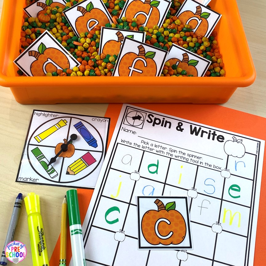 Fall pumpkin letter spin and write! A fun letter activity to learn letters and letter formation for preschool, pre-k, or kindergarten students.