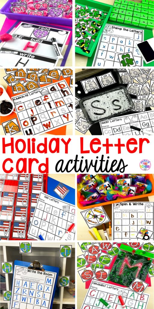 Holiday letter card activities and letter games to make learning letters fun (Easter, St. Patrick's Day, Earth Day, USA, Halloween, Thanksgiving, Christmas)! Perfect for preschool, pre-k, and kindergarten.