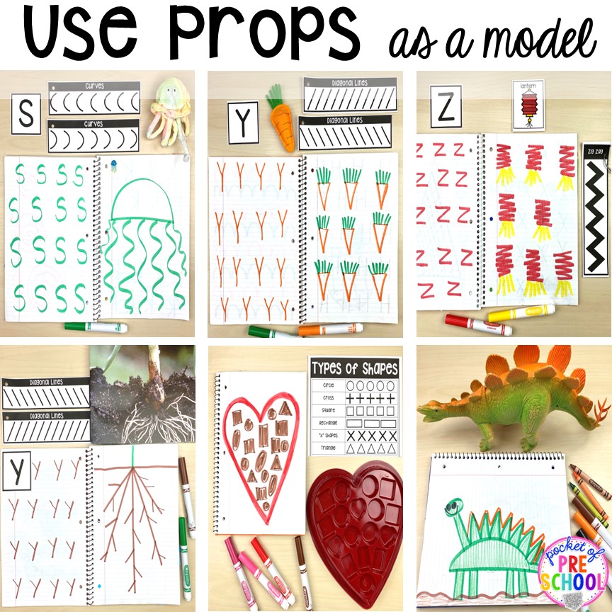 Use props at journal time! All about fine motor journals: how to implement, supplies, and tons of ideas! Use in preschool, pre-k, and kindergarten classrooms. #finemotorjournals #preschool #prek