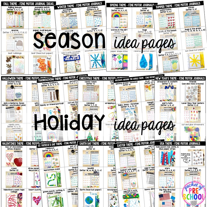 Season and holiday fine motor journal ideas! All about fine motor journals: how to implement, supplies, and tons of ideas! Use in preschool, pre-k, and kindergarten classrooms. #finemotorjournals #preschool #prek