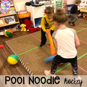 Play pool noodle hockey for indoor recess! Plus 15 more pool noodle activities that TEACH literacy, math, science, STEM, art, fine motor, and more for preschool, pre-k, and kindergarten.