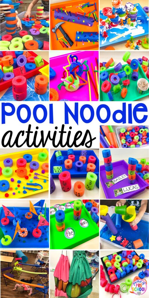 Plus 15 more pool noodle activities that TEACH literacy, math, science, STEM, art, fine motor, and more for preschool, pre-k, and kindergarten.