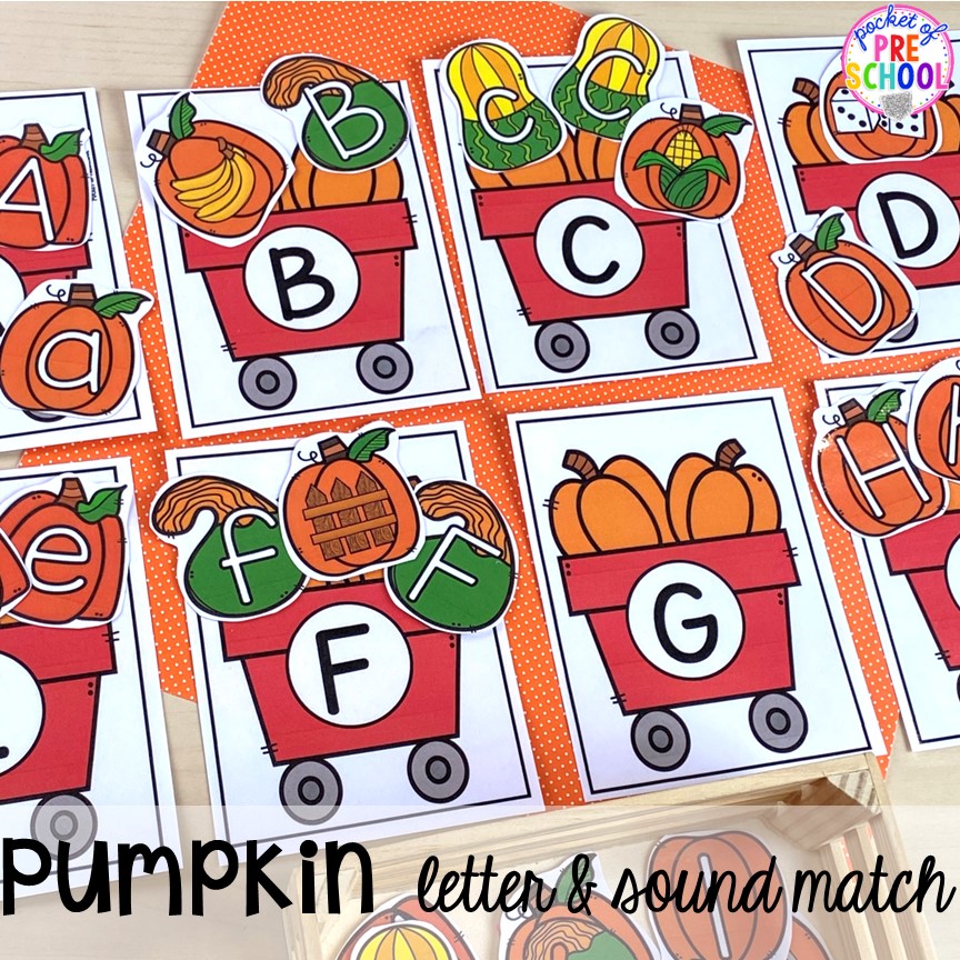 Pumpkin letter and beginning sound matching game! Plus tons of Pumpkin Activities - letters, math, art, sensory, fine motor, science, blocks, and more for preschool, pre-k, and kindergarten kiddos.