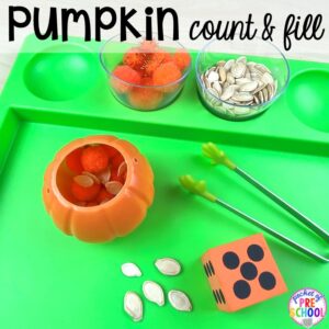 Pumpkin counting game! Plus tons of Pumpkin Activities - letters, math, art, sensory, fine motor, science, blocks, and more for preschool, pre-k, and kindergarten kiddos.