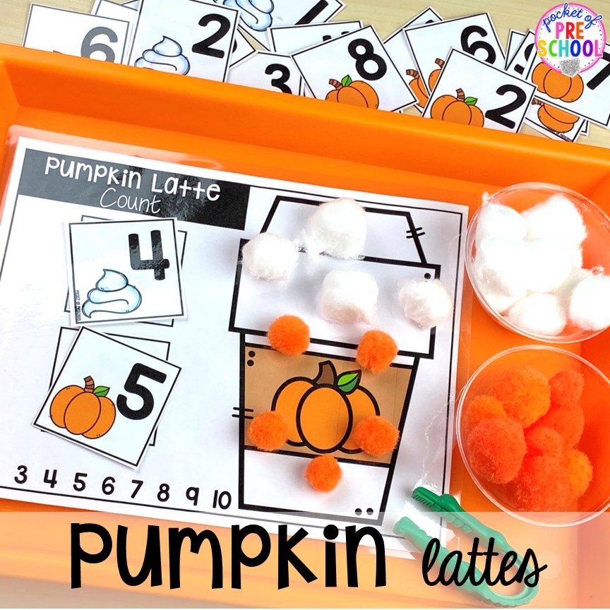 Pumpkin lattes -count or add! Plus tons of Pumpkin Activities - letters, math, art, sensory, fine motor, science, blocks, and more for preschool, pre-k, and kindergarten kiddos.