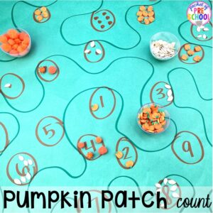 Pumpkin patch counting butcher paper activity! Plus tons of Pumpkin Activities - letters, math, art, sensory, fine motor, science, blocks, and more for preschool, pre-k, and kindergarten kiddos.