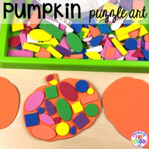Pumpkin shape puzzles! Plus tons of Pumpkin Activities - letters, math, art, sensory, fine motor, science, blocks, and more for preschool, pre-k, and kindergarten kiddos.