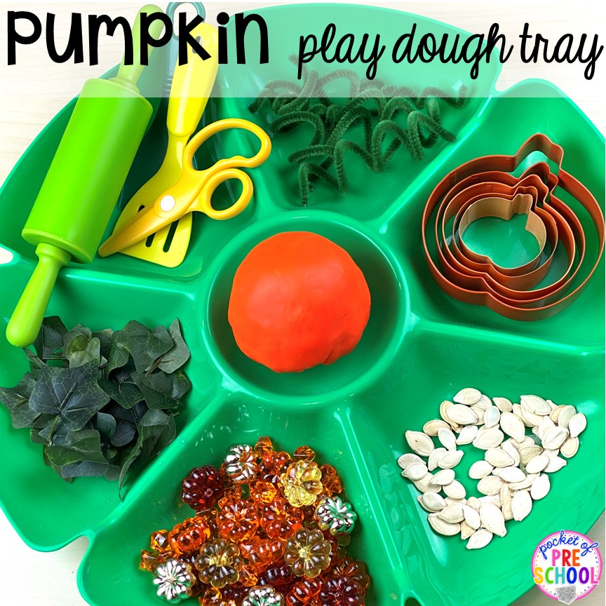 Pumpkin play dough tray! Plus tons of Pumpkin Activities - letters, math, art, sensory, fine motor, science, blocks, and more for preschool, pre-k, and kindergarten kiddos.