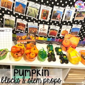 Pumpkin theme blocks center! Plus tons of Pumpkin Activities - letters, math, art, sensory, fine motor, science, blocks, and more for preschool, pre-k, and kindergarten kiddos.