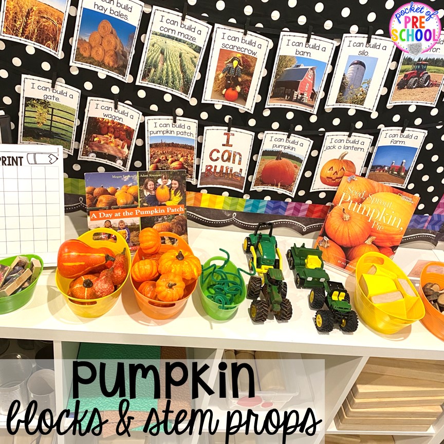 Pumpkin theme blocks center! Plus tons of Pumpkin Activities - letters, math, art, sensory, fine motor, science, blocks, and more for preschool, pre-k, and kindergarten kiddos.