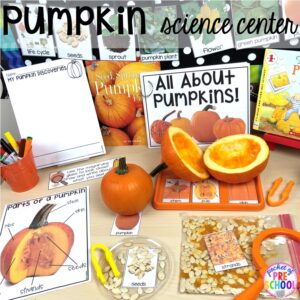 Pumpkin science center! Plus tons of Pumpkin Activities - letters, math, art, sensory, fine motor, science, blocks, and more for preschool, pre-k, and kindergarten kiddos.