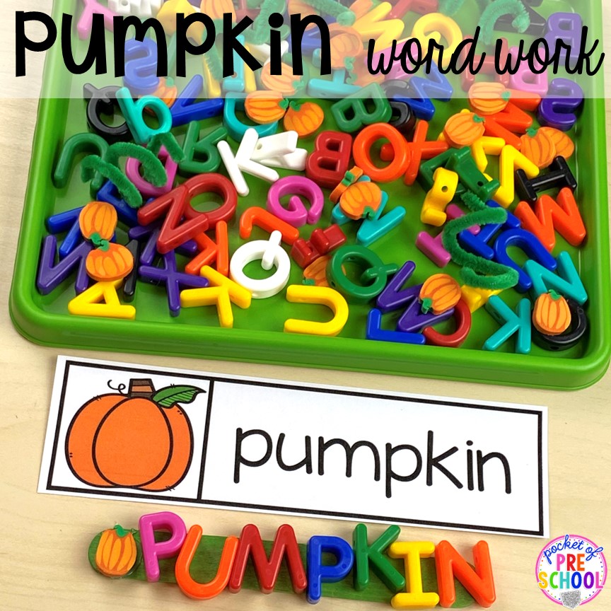 Pumpkin theme word work! Plus tons of Pumpkin Activities - letters, math, art, sensory, fine motor, science, blocks, and more for preschool, pre-k, and kindergarten kiddos.