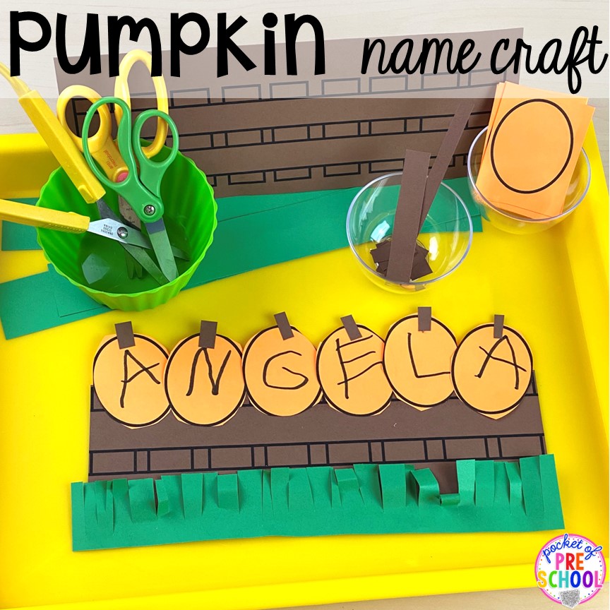Pumpkin name craft! Plus tons of Pumpkin Activities - letters, math, art, sensory, fine motor, science, blocks, and more for preschool, pre-k, and kindergarten kiddos. 