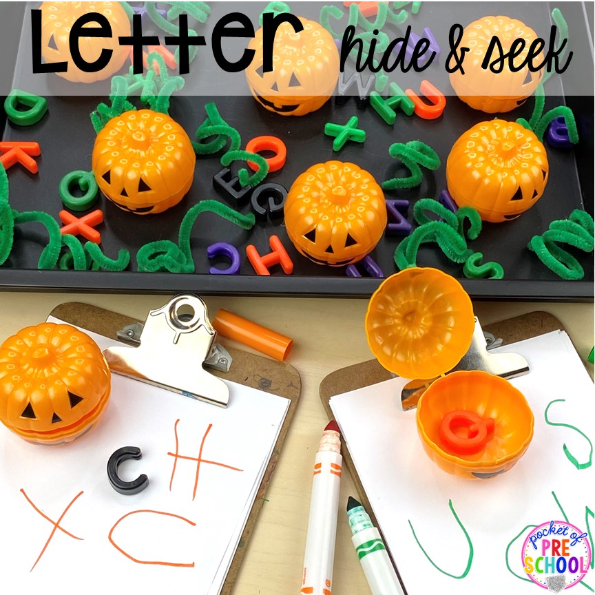 Pumpkin letter hide and seek with pumpkin eggs! Plus tons of Pumpkin Activities - letters, math, art, sensory, fine motor, science, blocks, and more for preschool, pre-k, and kindergarten kiddos. 