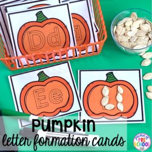 Pumpkin letter formation cards! Plus tons of Pumpkin Activities - letters, math, art, sensory, fine motor, science, blocks, and more for preschool, pre-k, and kindergarten kiddos.