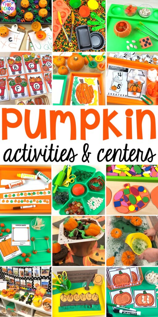 Tons of Pumpkin Activities - letters, math, art, sensory, fine motor, science, blocks, and more for preschool, pre-k, and kindergarten kiddos. Fun for fall theme or Halloween theme.