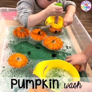 Pumpkin wash in the sensory table Plus more fun pumpkin activities for literacy, math, science, and more!