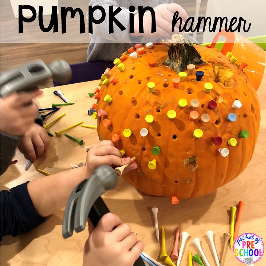 Pumpkin geoboard - hammer golf tees into the pumpkin then rubber bands. Plus more fun pumpkin activities for literacy, math, science, and more!