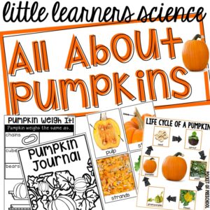Little Learners Science all about pumpkins, a printable science unit designed for preschool, pre-k, and kindergarten students.