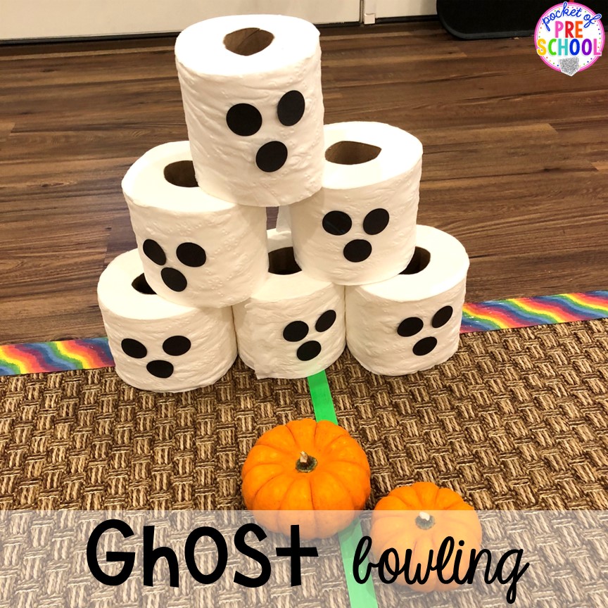 Ghost bowling with a pumpkin! 15 Classroom Halloween Party Ideas for preschool to 2nd grade! Halloween party games, snacks, and helpful tips.
