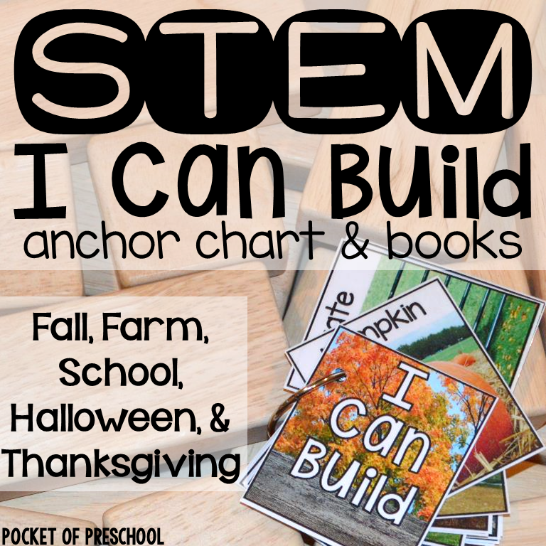 Explore STEM in your preschool, pre-k, or kindergarten classroom with these fall themed STEM I can build cards.
